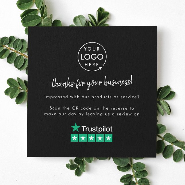 Cartão De Visita Quadrado Trusted Pilot nos revê negócios negros Obrigado QR (Gain Trustpilot reviews & grow your business with this rating request editable business card.)
