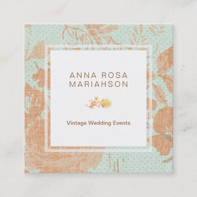 Cartão De Visita Quadrado Turquesa floral de bronze Dourado de linho do (Frente)