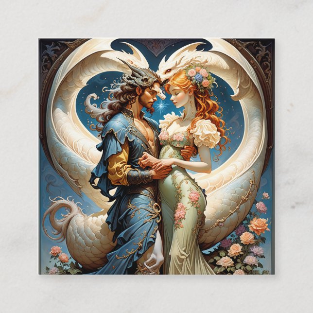 Cartão De Visita Quadrado Um dragão mítico e sua pérola da menina principal (Frente)