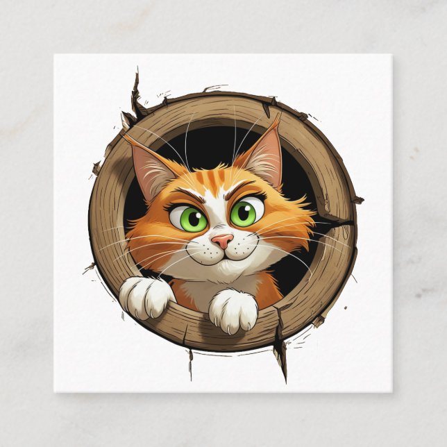 Cartão De Visita Quadrado Um Gato de Cartoon com Olhos Verdes Brilhantes (Frente)