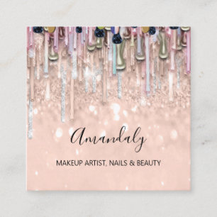 Cartão De Visita Quadrado Unhas de Rosa do Makeup Artist Glitter 3D
