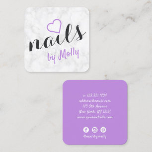 Cartão De Visita Quadrado unhas pretas roxas bonito de mármore branco moder