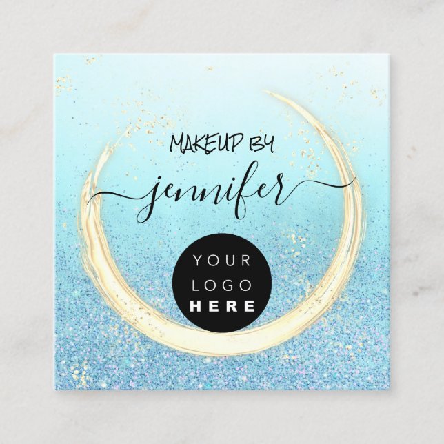 Cartão De Visita Quadrado Unhas profissionais Bela azul Dourada brilhante (Frente)