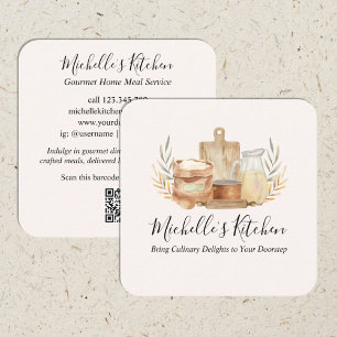Cartão De Visita Quadrado Utensílios de Cozinha Aquarela Serviço de Refeição