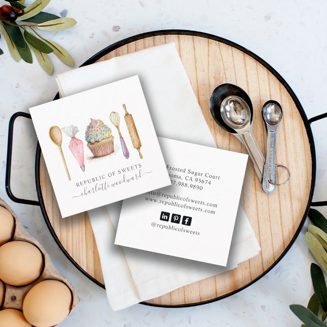 Cartão De Visita Quadrado Utensílios de pastelaria de cupcake (Criador carregado)
