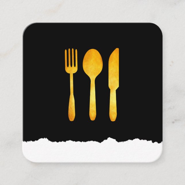 Cartão De Visita Quadrado Utensílios Dourados de Comida Luxe (Frente)