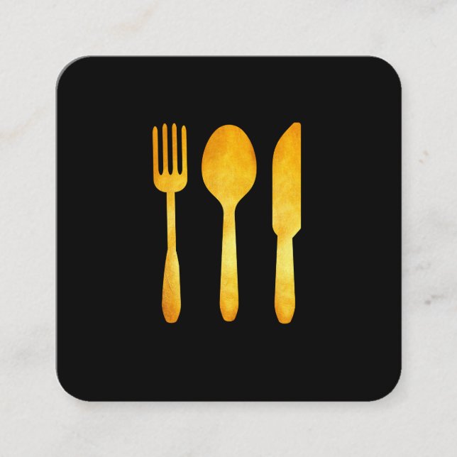 Cartão De Visita Quadrado Utensílios Dourados de Comida Luxe (Frente)