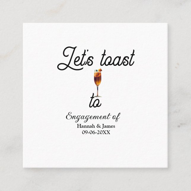 Cartão De Visita Quadrado Vamos brindar para nome da festa de noivado data t (Frente)
