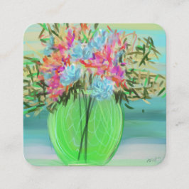 Cartão De Visita Quadrado Vaso Quadrado Verde Floral Colorido Pintado