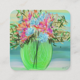 Cartão De Visita Quadrado Vaso Quadrado Verde Floral Colorido Pintado