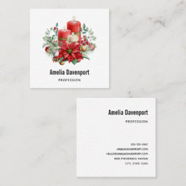 Cartão De Visita Quadrado Velas de Aquarela e Poinsettia Natal
