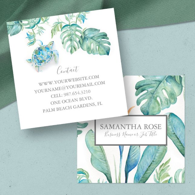 Cartão De Visita Quadrado Vento Tropical de Tartaruga Marinha (Florida tropical sea turtle business cards feature watercolor art Victoria Grigaliunas DoTellABelle)