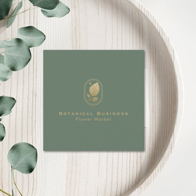 Cartão De Visita Quadrado Verde Botânico Mínimo Dourado Elegante (Elegant Gold Leaf Minimal Botanical Green Square Business Card)