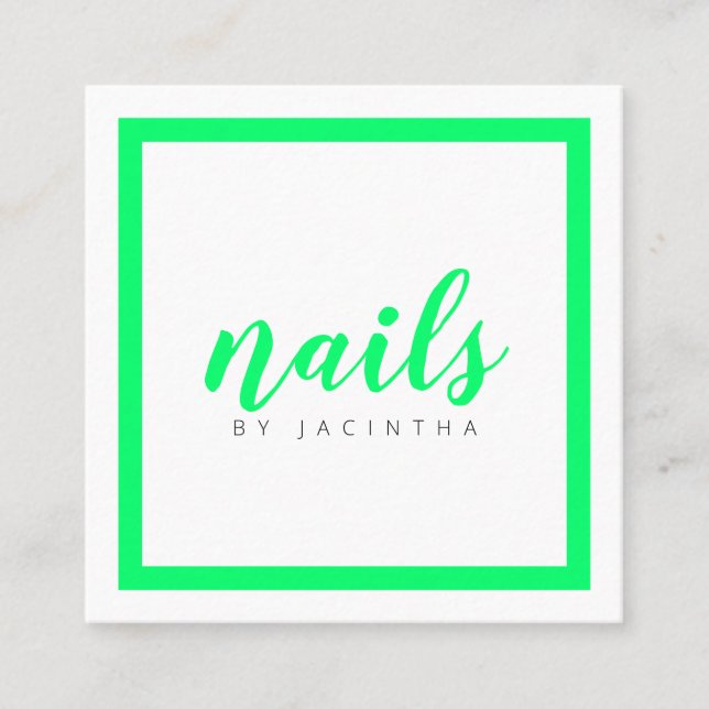 Cartão De Visita Quadrado Verde Brilhante Neon Modern Nail Technician Salon (Frente)