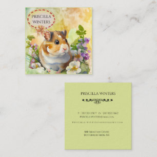 Cartão De Visita Quadrado Verde de Flores de Hamster de Cores-d'Água