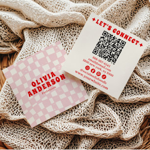 Cartão De Visita Quadrado Vermelho cor-de-rosa invertido Código QR em entalh