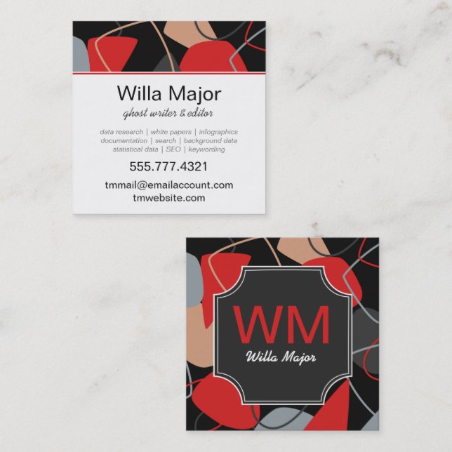 Cartão De Visita Quadrado Vermelho Dramático, Preto, Monograma de Abstrato b (Frente/Verso)