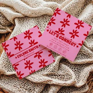Cartão De Visita Quadrado Vermelho Retro Rosa Floral Groovy Boho Feminino Di