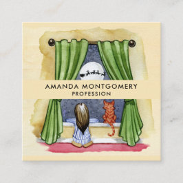 Cartão De Visita Quadrado Véspera de Natal Cama Cóta Criança e Gatinho