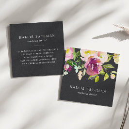 Cartão De Visita Quadrado Vibrant Bloom | Moderna Cor da Água Preto Floral
