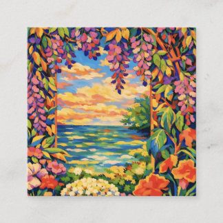 Cartão De Visita Quadrado Vibrant Coastal Garden Window – Fauvist Botanical 