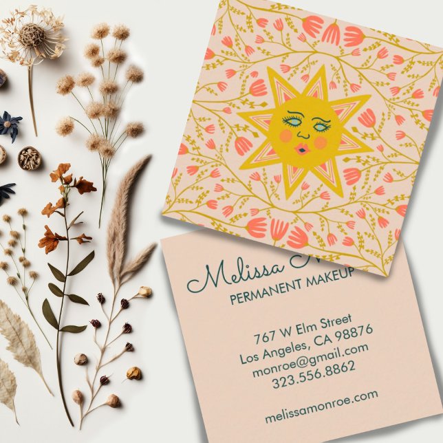 Cartão De Visita Quadrado Vinhas Sol e Flor Elegante Boho Sandy (Colorful sun and flowering vines illustration custom business cards)