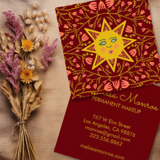 Cartão De Visita Quadrado Vinhas Sol e Flores Elegante Boho Burgundy