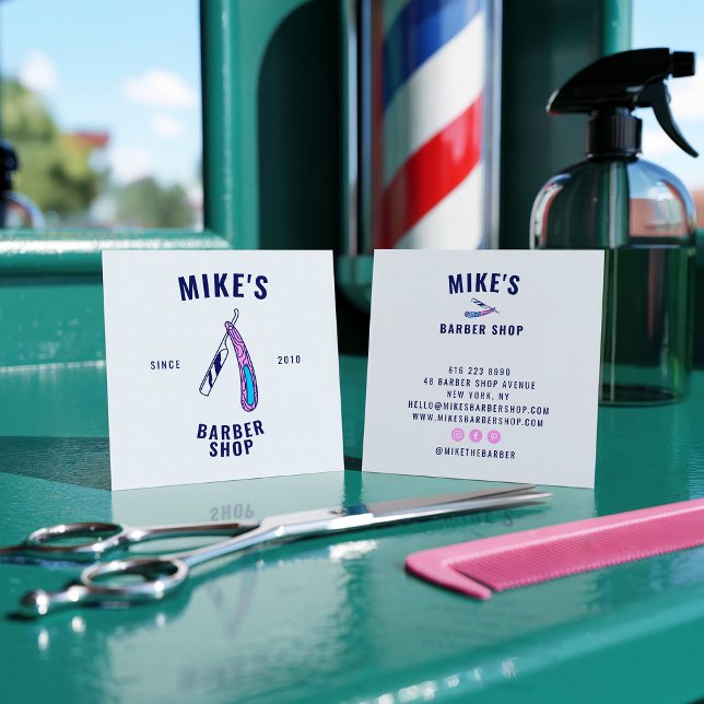 Cartão De Visita Quadrado Vintage blue mens barbershop cabeleireiro (Vintage blue mens barbershop razor hair stylist)
