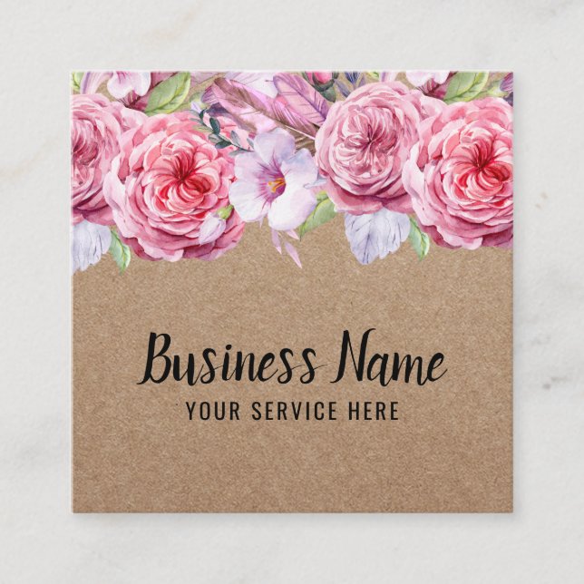 Cartão De Visita Quadrado Vintage Floral Hair Makeup Artista Rustic Kraft (Frente)