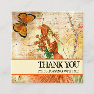 Cartão De Visita Quadrado Vintage Lady e Borboleta Floral Obrigado Logo