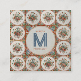 Cartão De Visita Quadrado Vintage Retro Floral Terracotta Azulejos Redes Soc