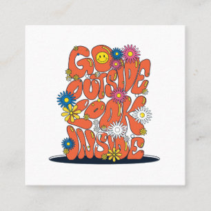 Cartão De Visita Quadrado Vintage retro groovy flores sorriso rosto sai