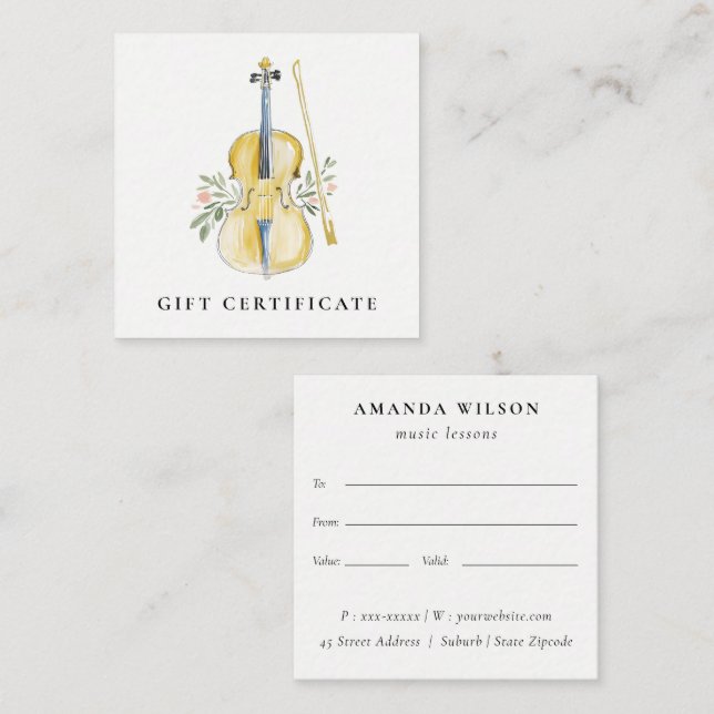 Cartão De Visita Quadrado Violin Musician Music Teacher Gift Certificate (Frente/Verso)