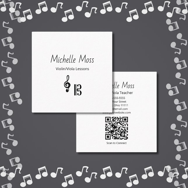 Cartão De Visita Quadrado Violin Viola Music Lessons QR code Musical (Criador carregado)