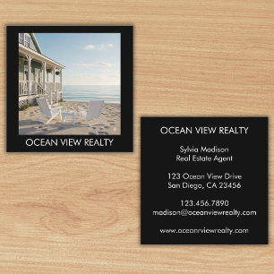 Cartão De Visita Quadrado Vista de Oceano Personalizado Realty Preto