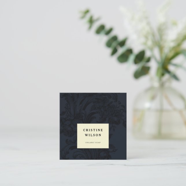 Cartão De Visita Quadrado Vitoriano ornamental vítrea azul-escuro (Em pé/Frente)