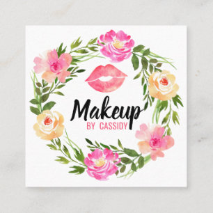 Cartão De Visita Quadrado Watercolor Floral Wreath Makeup Arist Business Ca