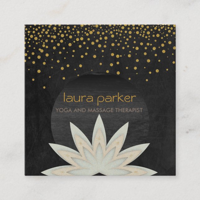 Cartão De Visita Quadrado Watercolor Lotus Flower Yoga Black (Frente)