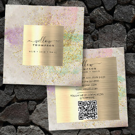 Cartão De Visita Quadrado Watercolor Natural Stone Faux Dourado Glitter Code