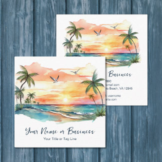 Cartão De Visita Quadrado Watercolor Tropical Palm Tree Beach Sunset