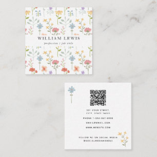 Cartão De Visita Quadrado Watercolor Wildflower Floral Código QR Social Mídi