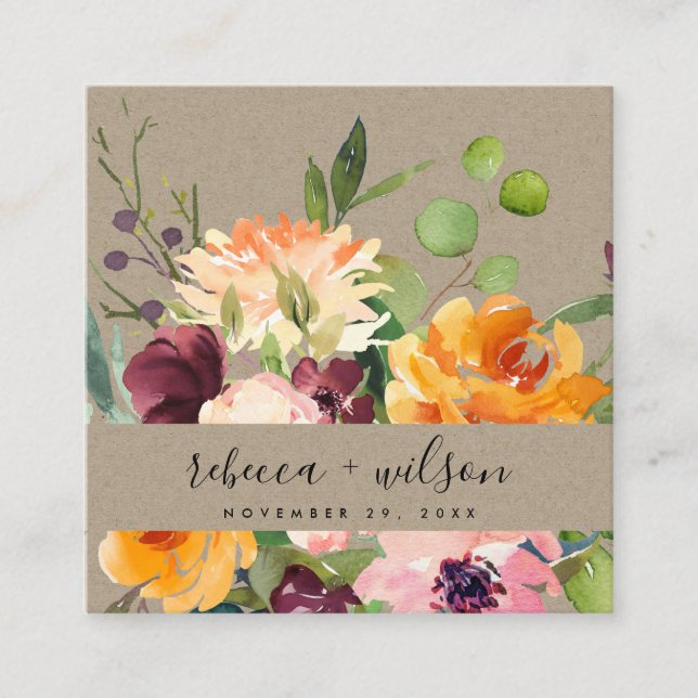 CARTÃO DE VISITA QUADRADO WEBSITE DE CASAMENTO DO KRAFT YELLOW ORANGE FLORA  (Frente)