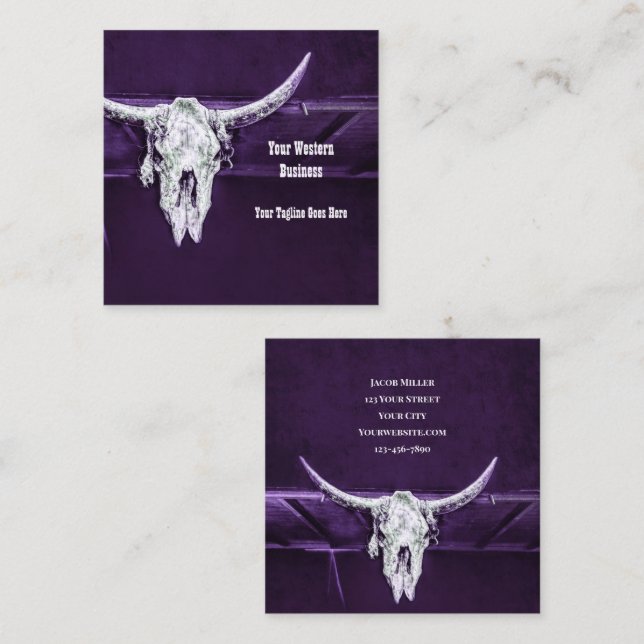 Cartão De Visita Quadrado Western Purple White Rustic Bull Cow Skull Barn (Frente/Verso)