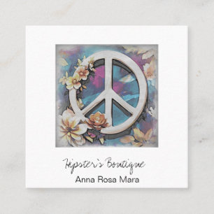 Cartão De Visita Quadrado *~* White AP57 QR Peace Sign Flowers Grunge Boho