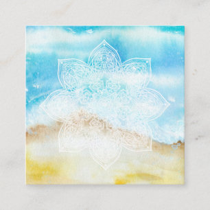 Cartão De Visita Quadrado *~* White Lacey Mandala Beach Ocean Watercolor