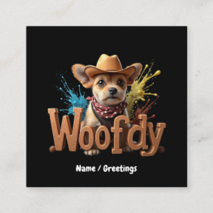 Cartão De Visita Quadrado Woofdy Palhaço Caubói Cachorro no Texas