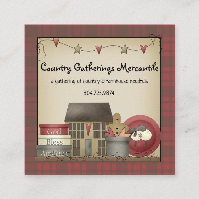 Cartão De Visita Quadrado Xadrez primitiva e Saltbox House (Frente)