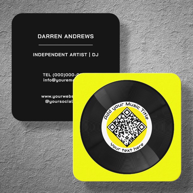 Cartão De Visita Quadrado Yellow Customable Music QR Code LP Vinyl | (Criador carregado)