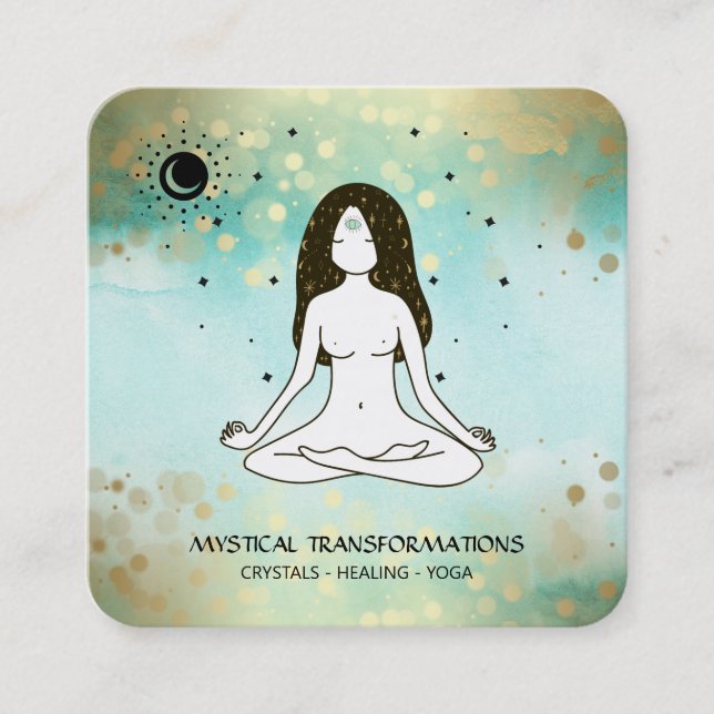 Cartão De Visita Quadrado *~* Yoga Goddese Celestial Moon Magic Teal Boho (Frente)
