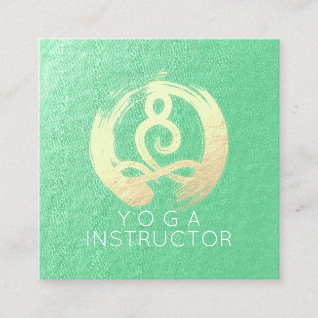 Cartão De Visita Quadrado Yoga Instrutor Green Dourado Meditação ZEN OM (Frente)